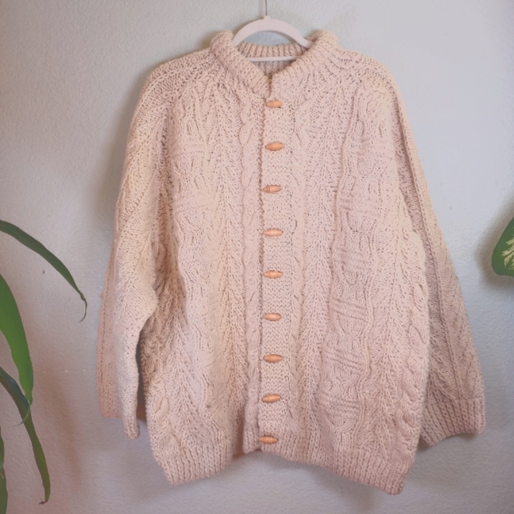 Vintage Wool Fisherman Hand Cable Knit Rugged Bohemian Artsy Oversized Cardigan